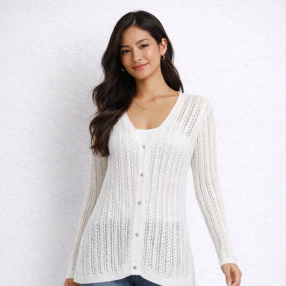 Lafayette 148 New York Sweaters - Lafayette 148 White Open Knit Cardigan Size XL Lightweight Button Front Sweater